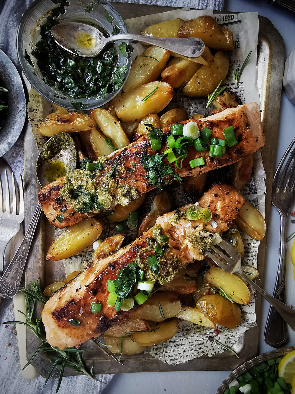 Roasted salmon and baby potatoes