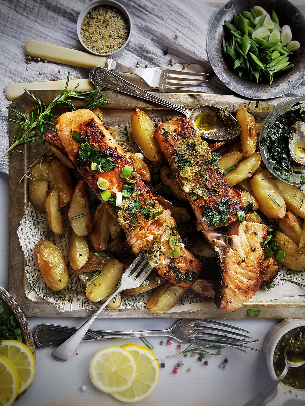 Roasted salmon and baby potatoes