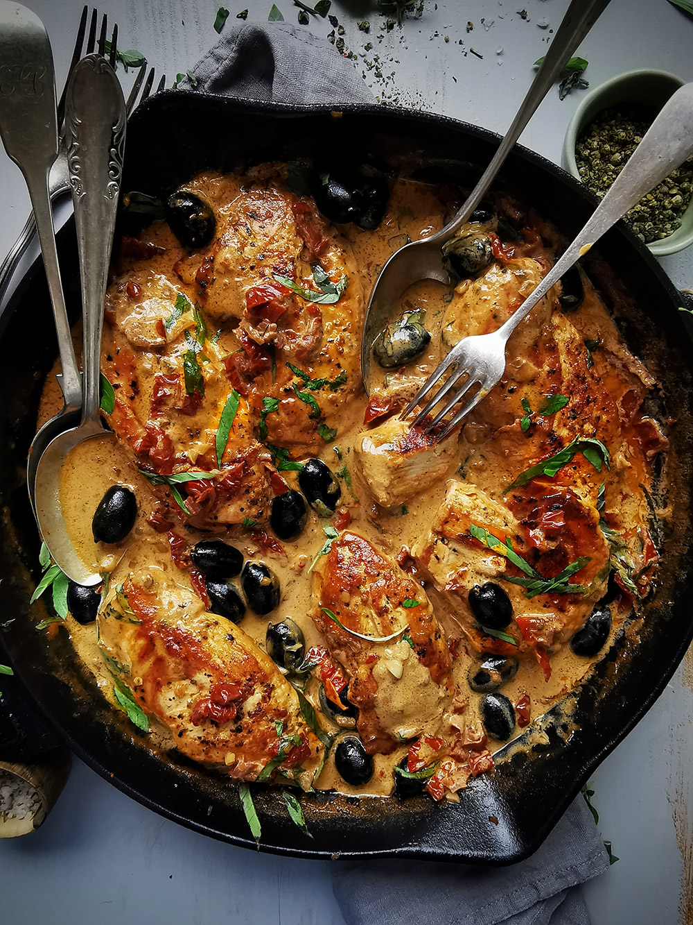 Tuscan chicken with olives and basil