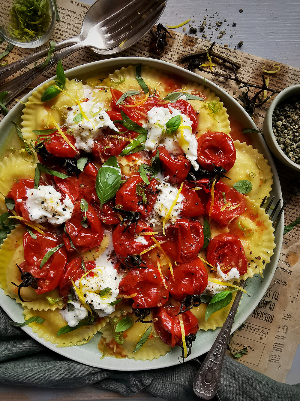 Ravioli with pan cooked cherry tomatoes,