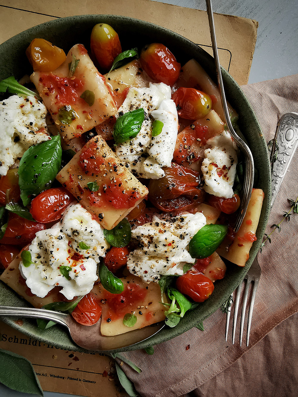Paccheri, burrata and garlicky roasted tomatoes