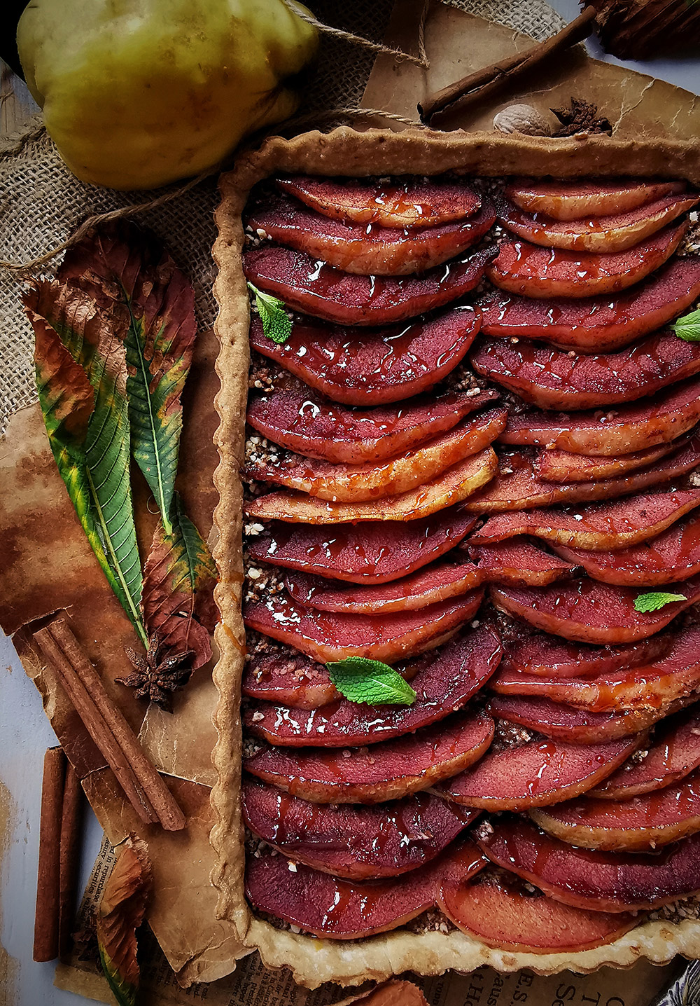 Red wine baked quinces tart
