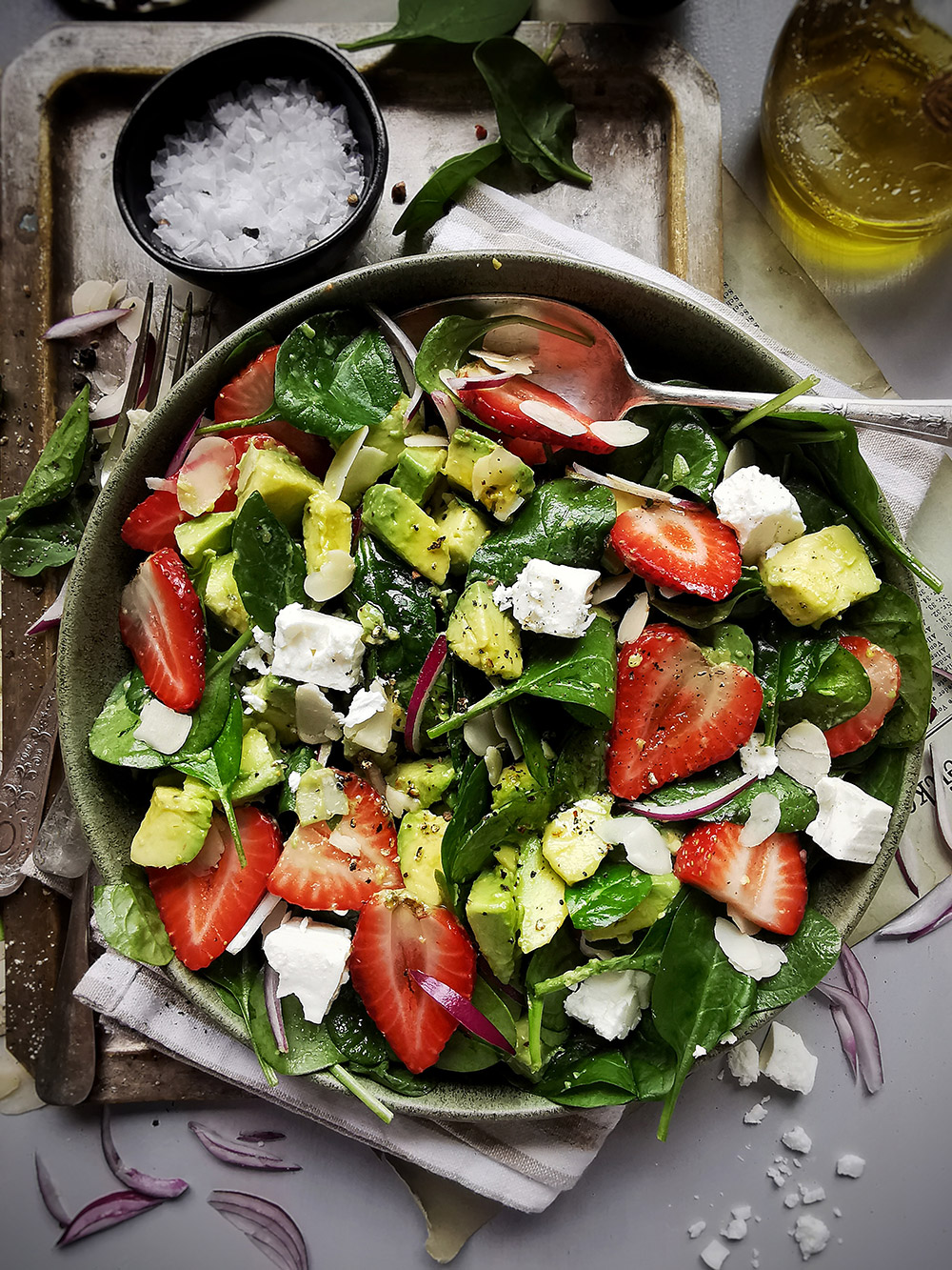 Spinach, strawberry, avocado, feta salad