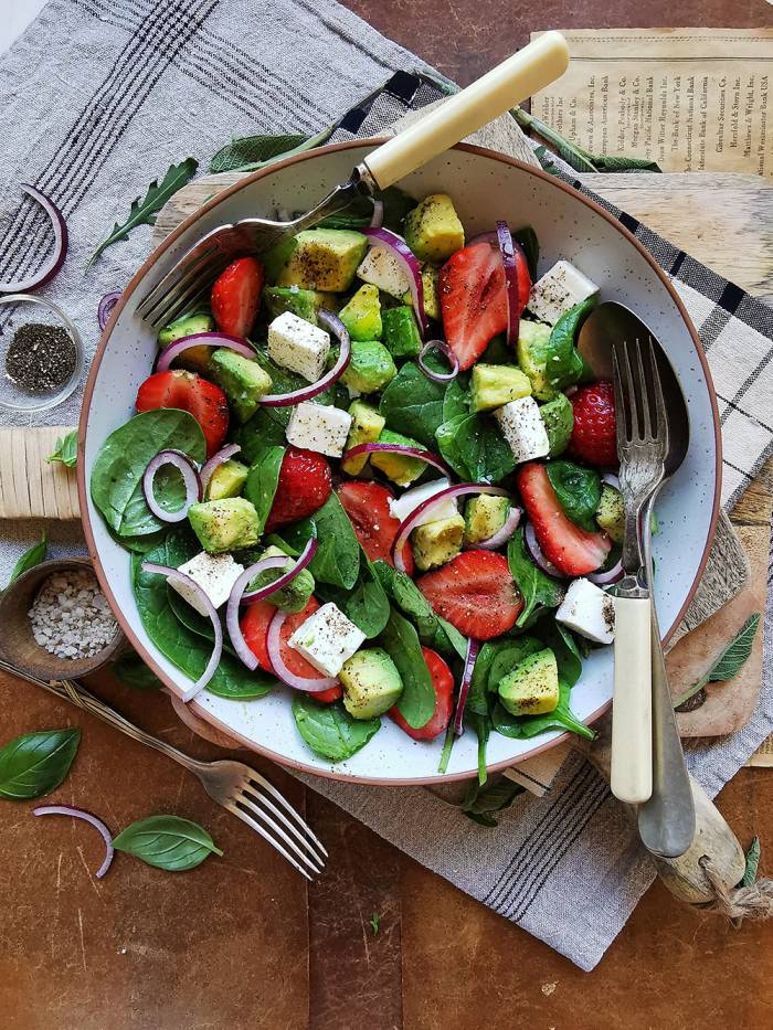 Strawberry, avocado, feta spinach salad