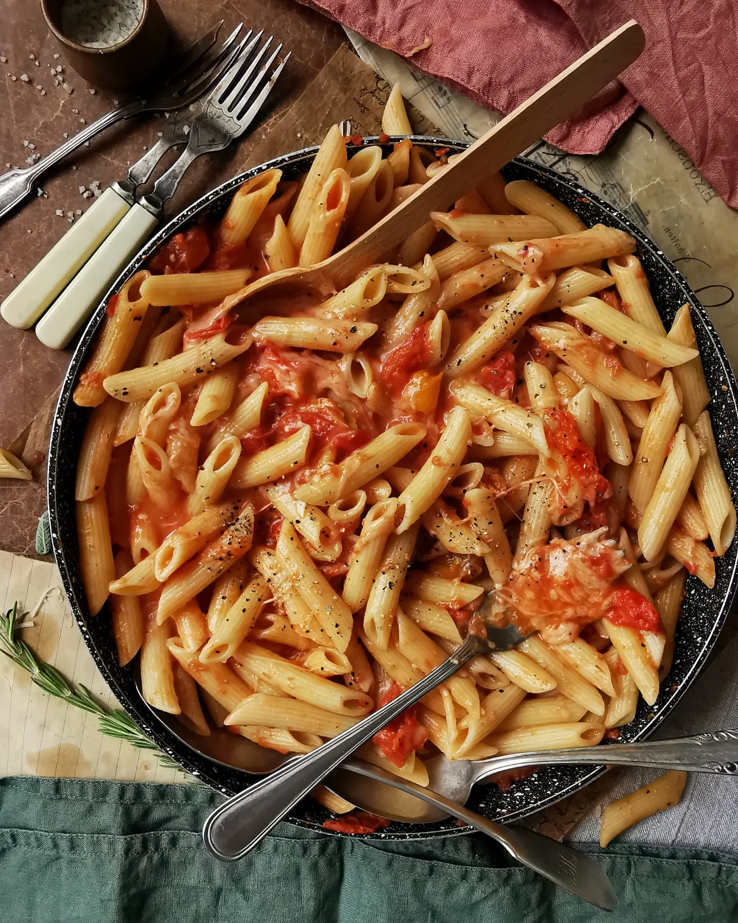 Creamy penne with anchovy cherry tomatoes sauce