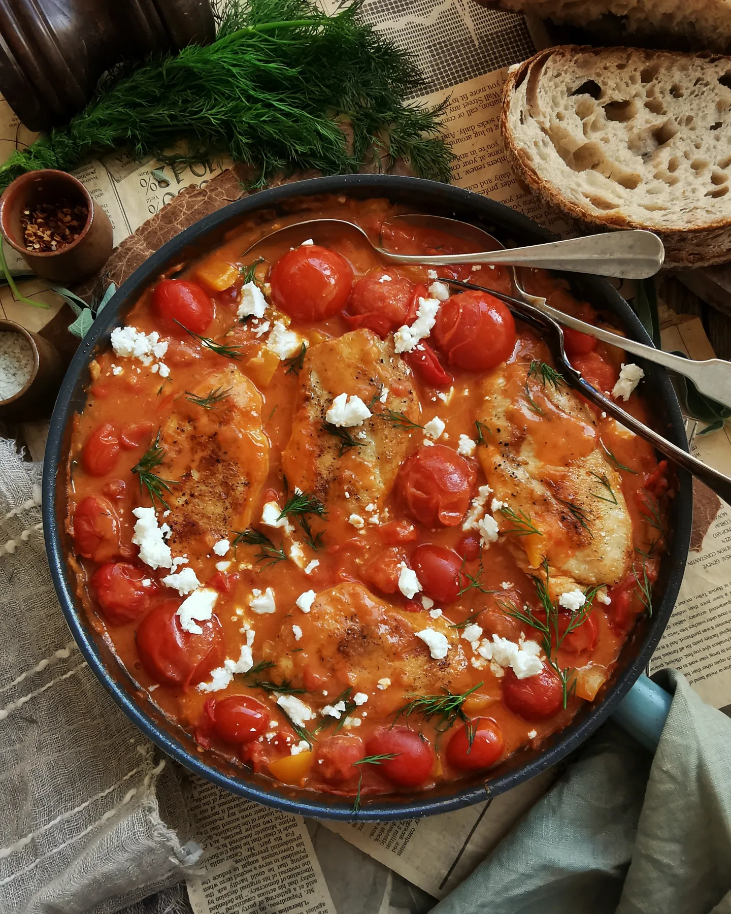 Creamy chicken with cherry tomatoes, wine and feta