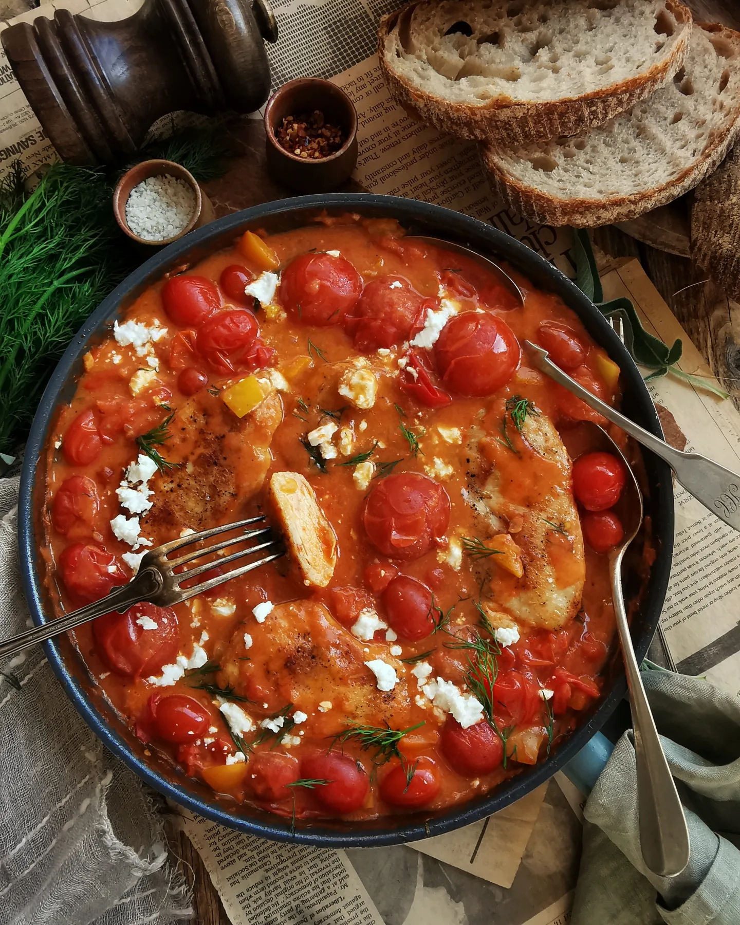 Creamy chicken with cherry tomatoes, wine and feta