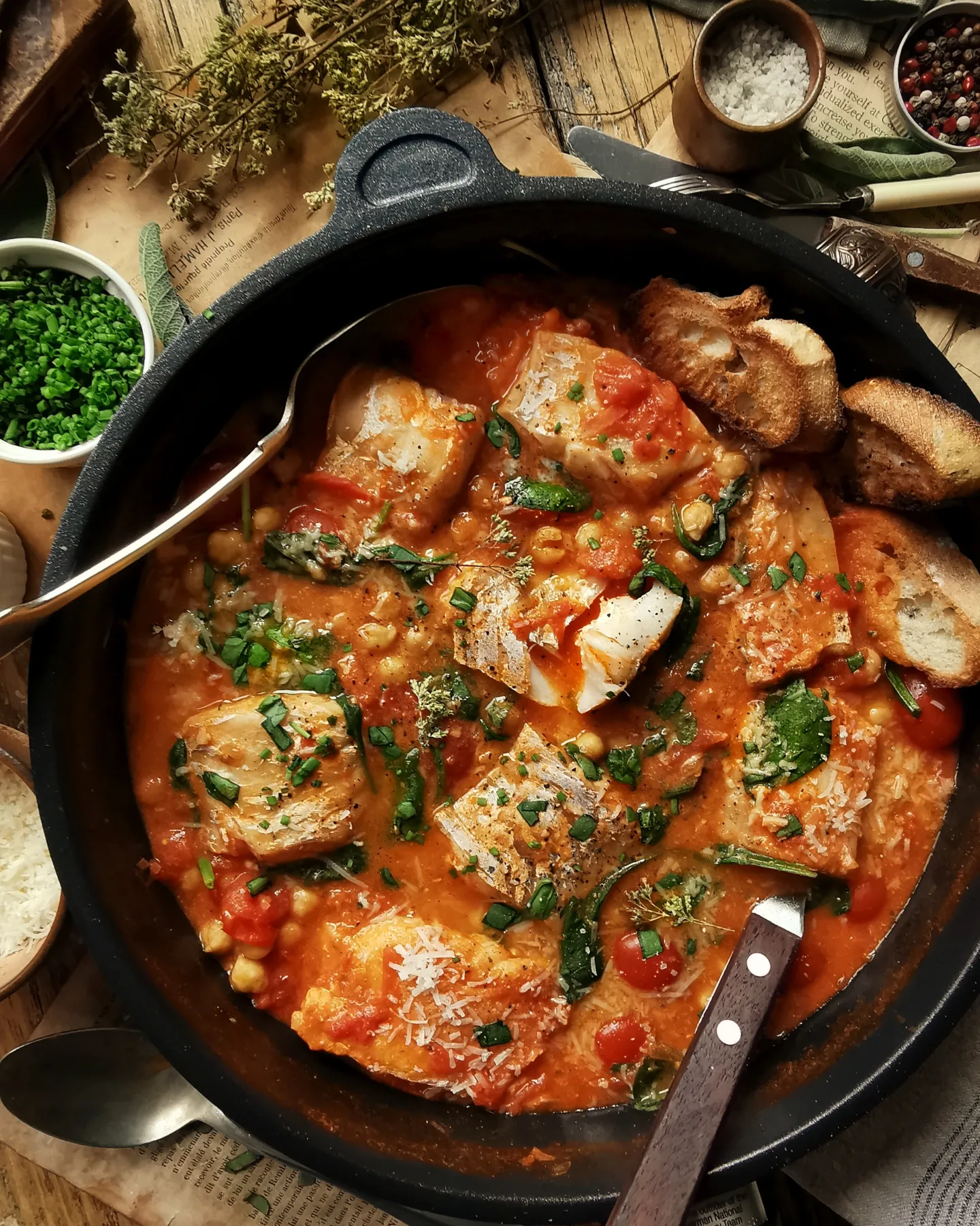 Tomato poached fish with chickpeas and spinach