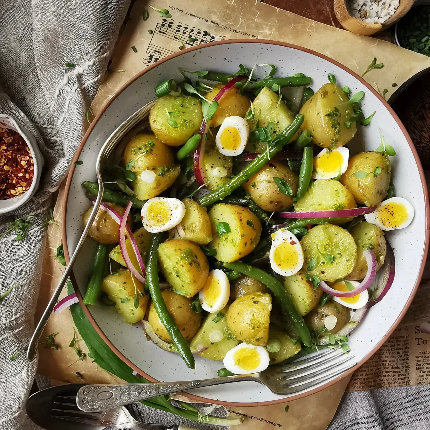 Warm potato salad with green beans, quail eggs and red onion