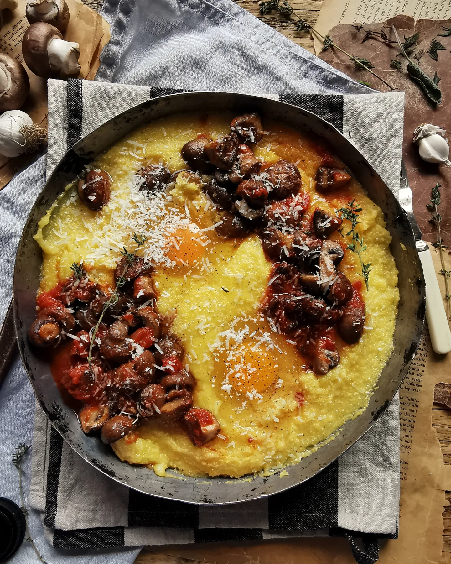 Mushroom ragu, eggs and polenta bake.