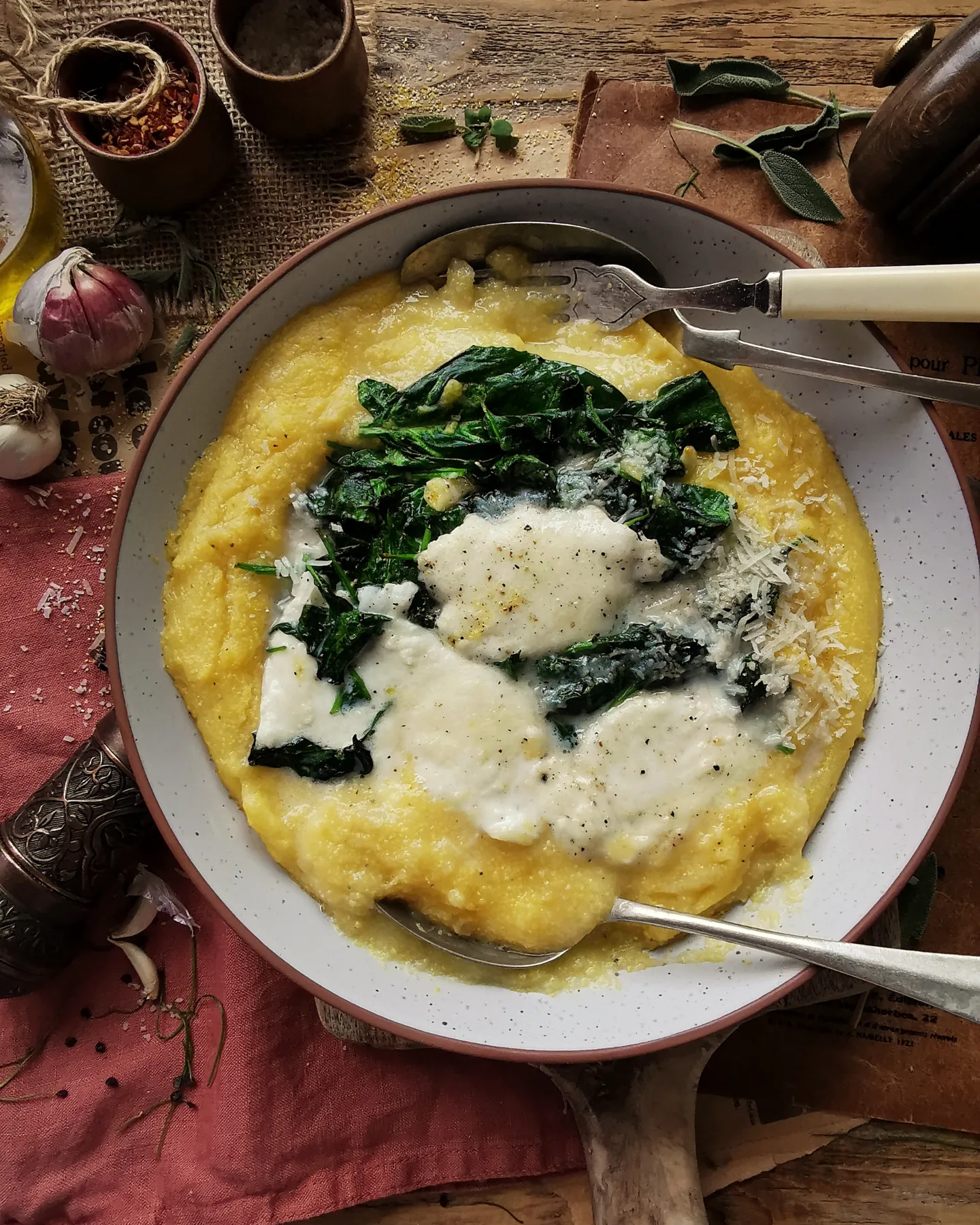 Garlic buttery spinach with burrata and polenta