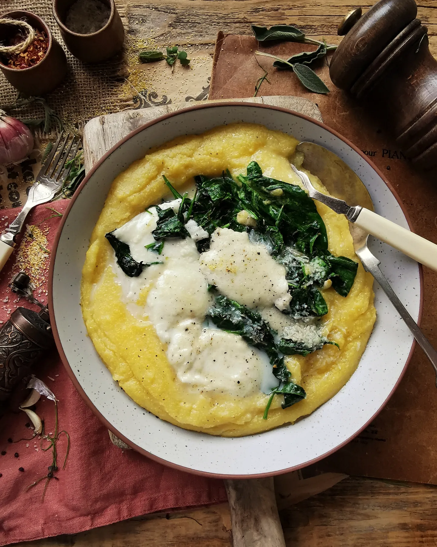 Garlic buttery spinach with burrata and polenta