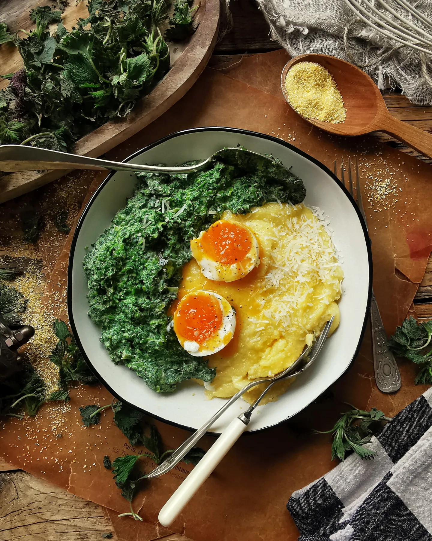 Nettles with polenta and soft egg
