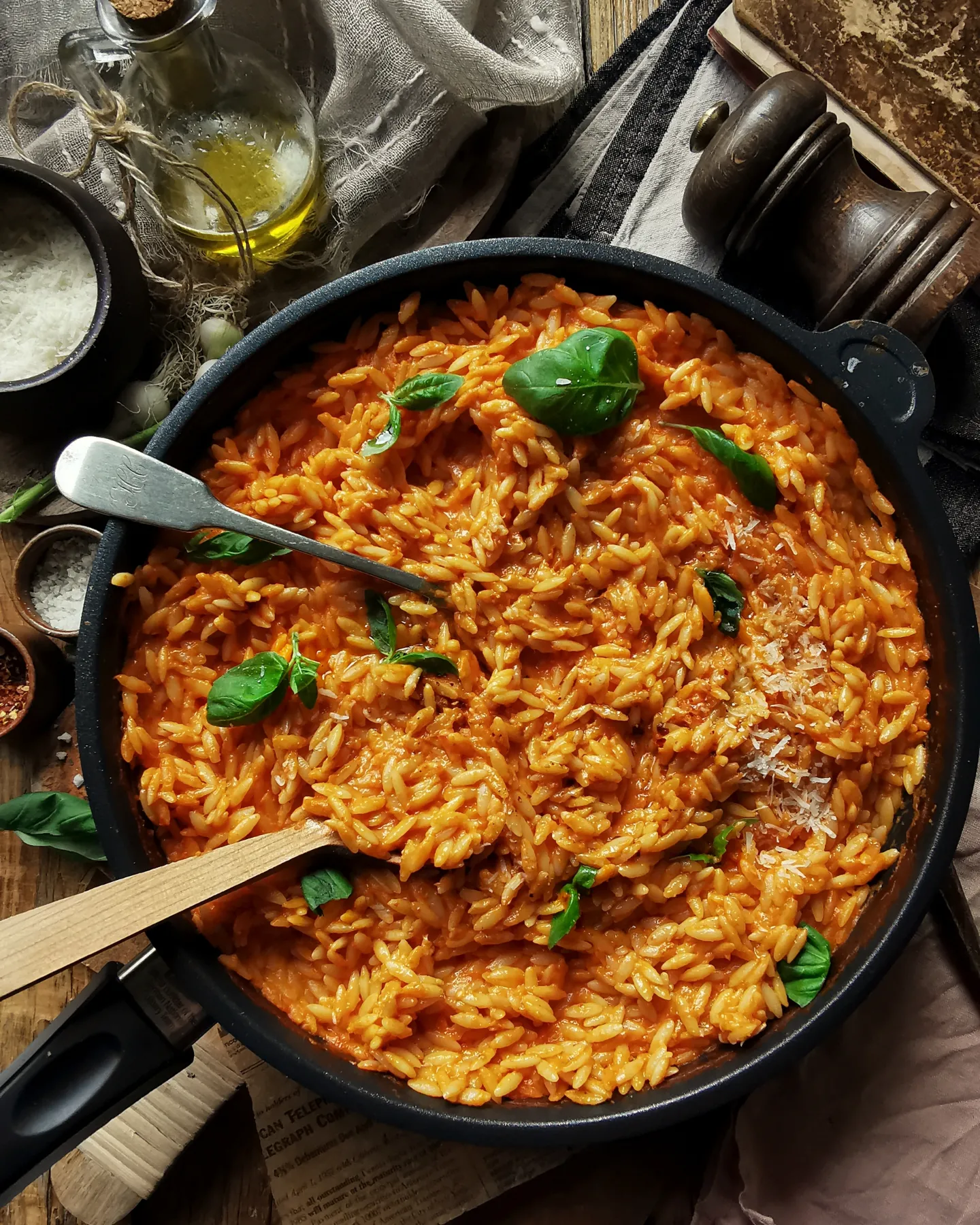 Orzo pasta in creamy roasted yellow and red pepper sauce