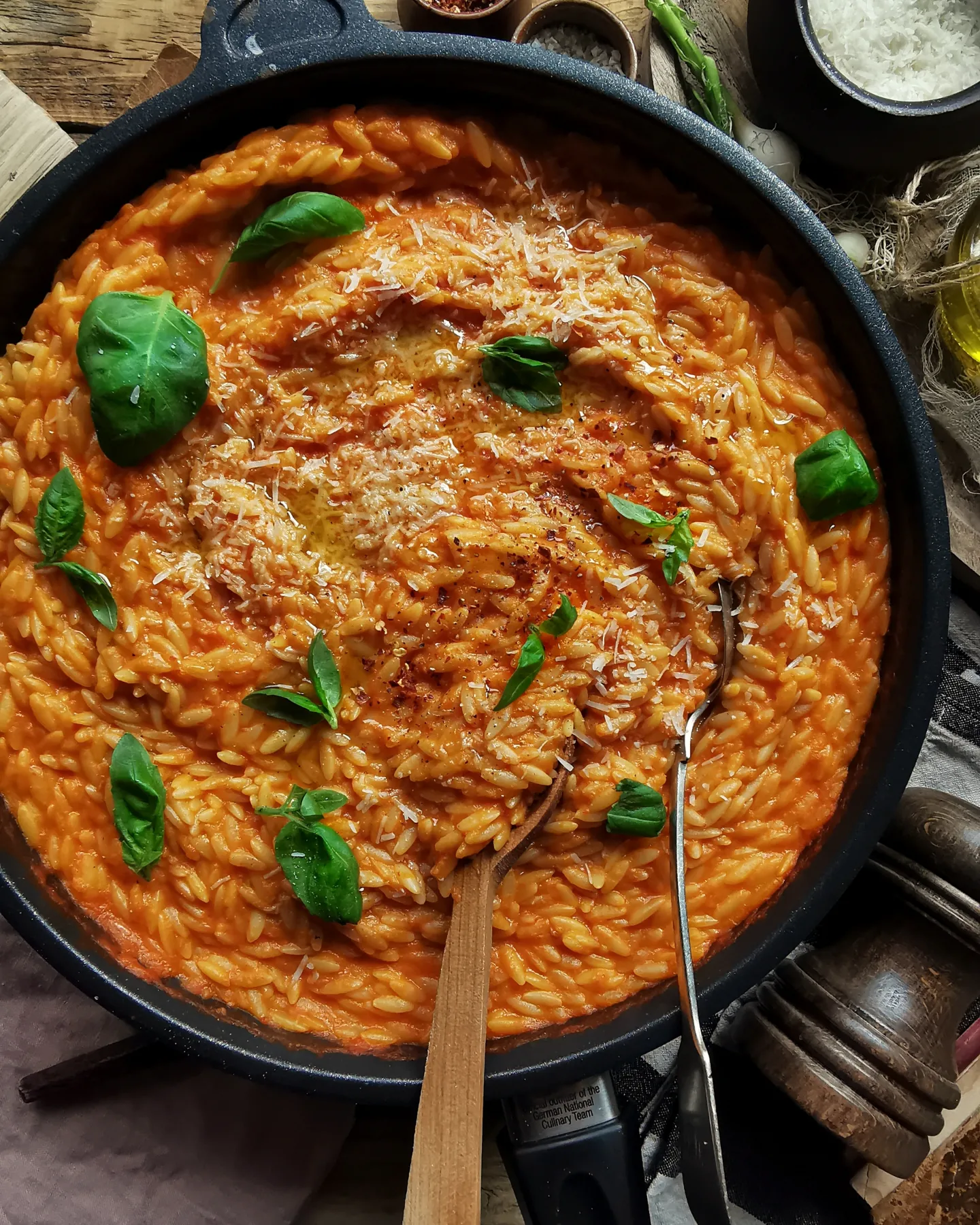 Orzo pasta in creamy roasted yellow and red pepper sauce